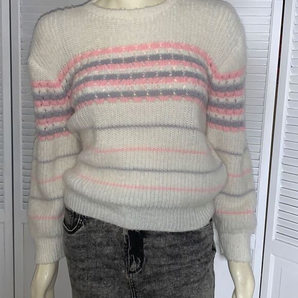 Vintage 70’s Pastel Fuzzy Striped Eyelet Knit Sweater Medium - Picture 1 of 13